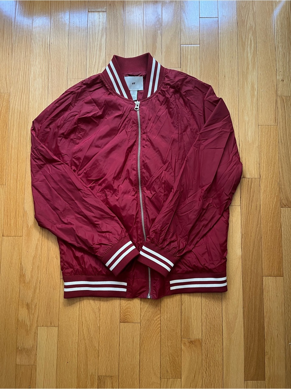 Varsity Bomber Jacket in Red with White Stripe Trim